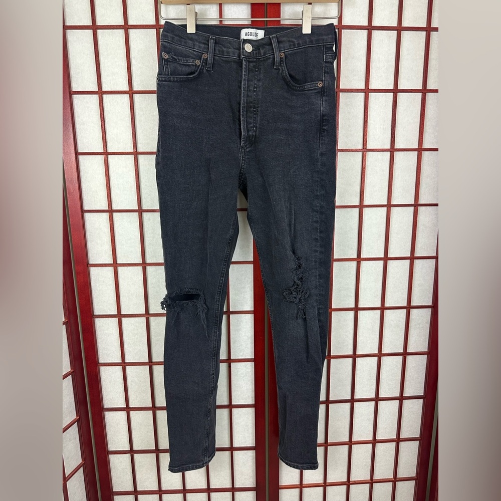 Agolde Nico High Rise Slim Straight Black Denim Jeans Distressed Cassette 27